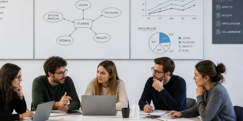 riunione studenti universitari con sfondo lavagne con diagrammi
