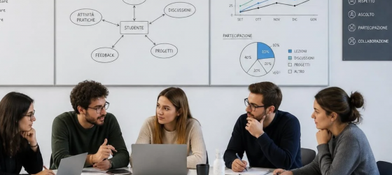 riunione studenti universitari con sfondo lavagne con diagrammi