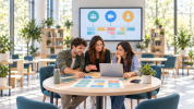 giovani ad un tavolo in un'aula per la didattica innovativa immagine creata con AI