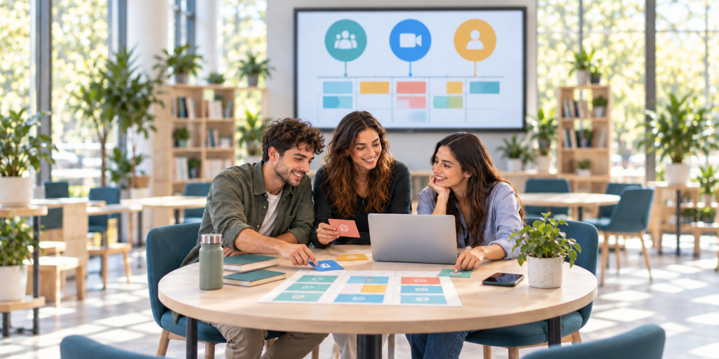 giovani ad un tavolo in un'aula per la didattica innovativa immagine creata con AI